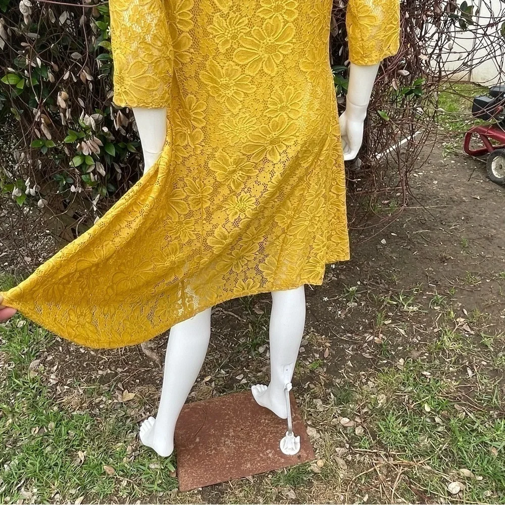 L & B Lucky & Blessed Lace Overlay Lined Mustard Yellow Midi Dress
